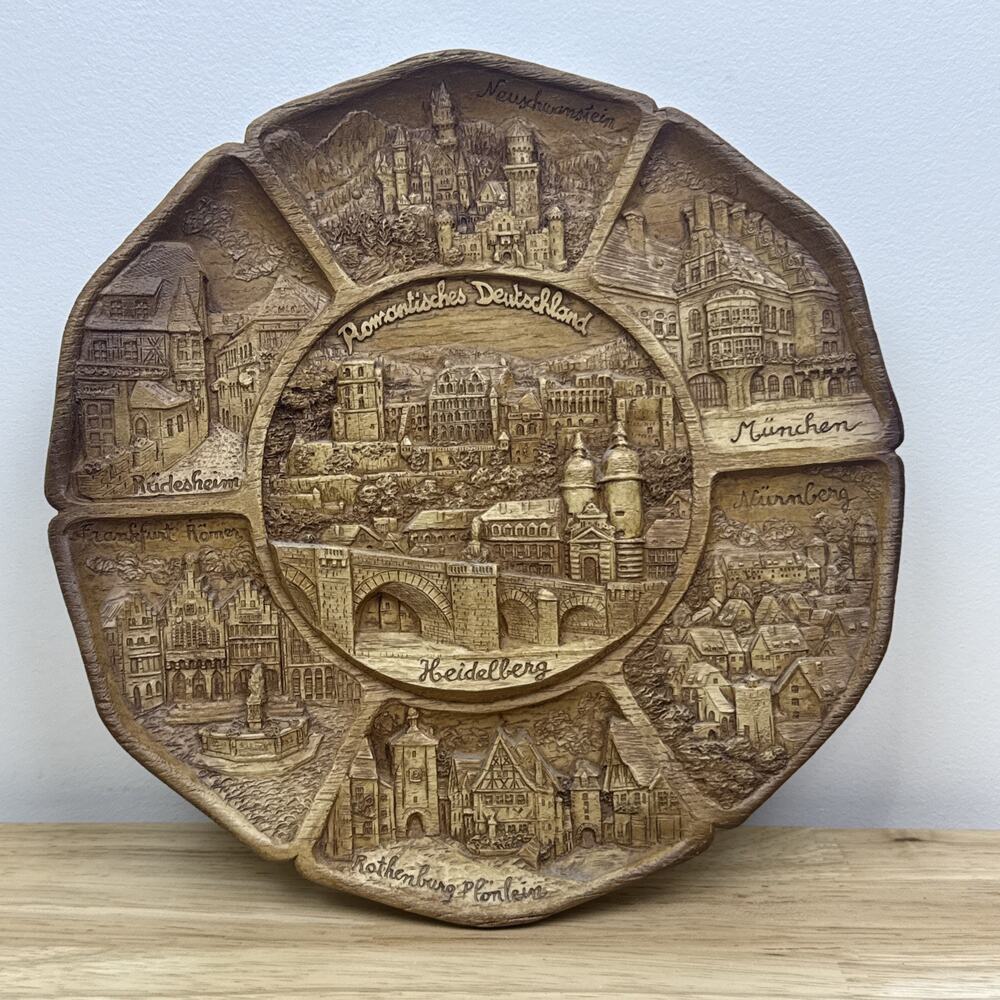 Vintage Heidelberg German Romantische Deutschland Hand Carved Wooden Plate 9.5”